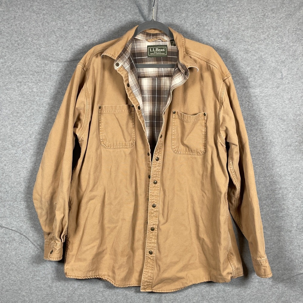 L.L. Bean Mens XL Tall Flannel Lined Canvas Shirt Jacket Tan Workwear XLT OWS95